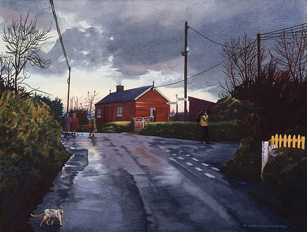 Watercolour and prints of "After the Storm".A Welsh lane with walkers,cat,and clouds.